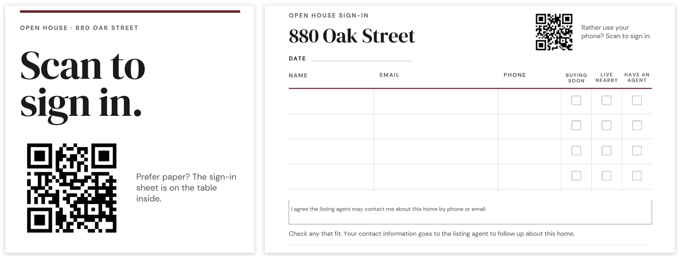 The QR sign-in sign beside the top of the paper sign-in sheet, which has name, email and phone columns, check boxes for Buying soon, Live nearby and Have an agent, and the consent box under the rows.