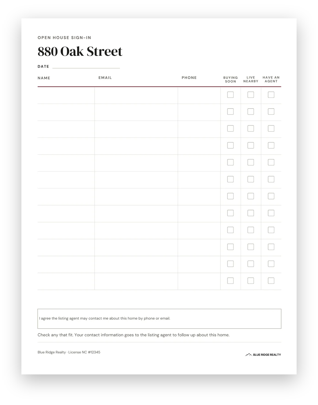 Open house sign-in sheet with twelve rows for name, email and phone, check boxes for Buying soon, Live nearby and Have an agent, and a box for consent language.