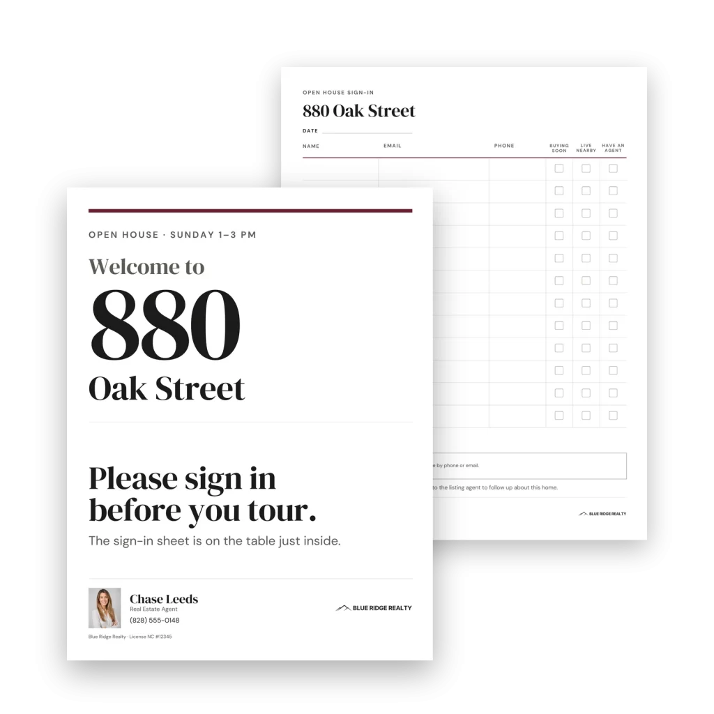 The free Open House Emergency Kit: a welcome sign reading Please sign in before you tour, in front of a twelve-row open house sign-in sheet, both shown with a sample address.