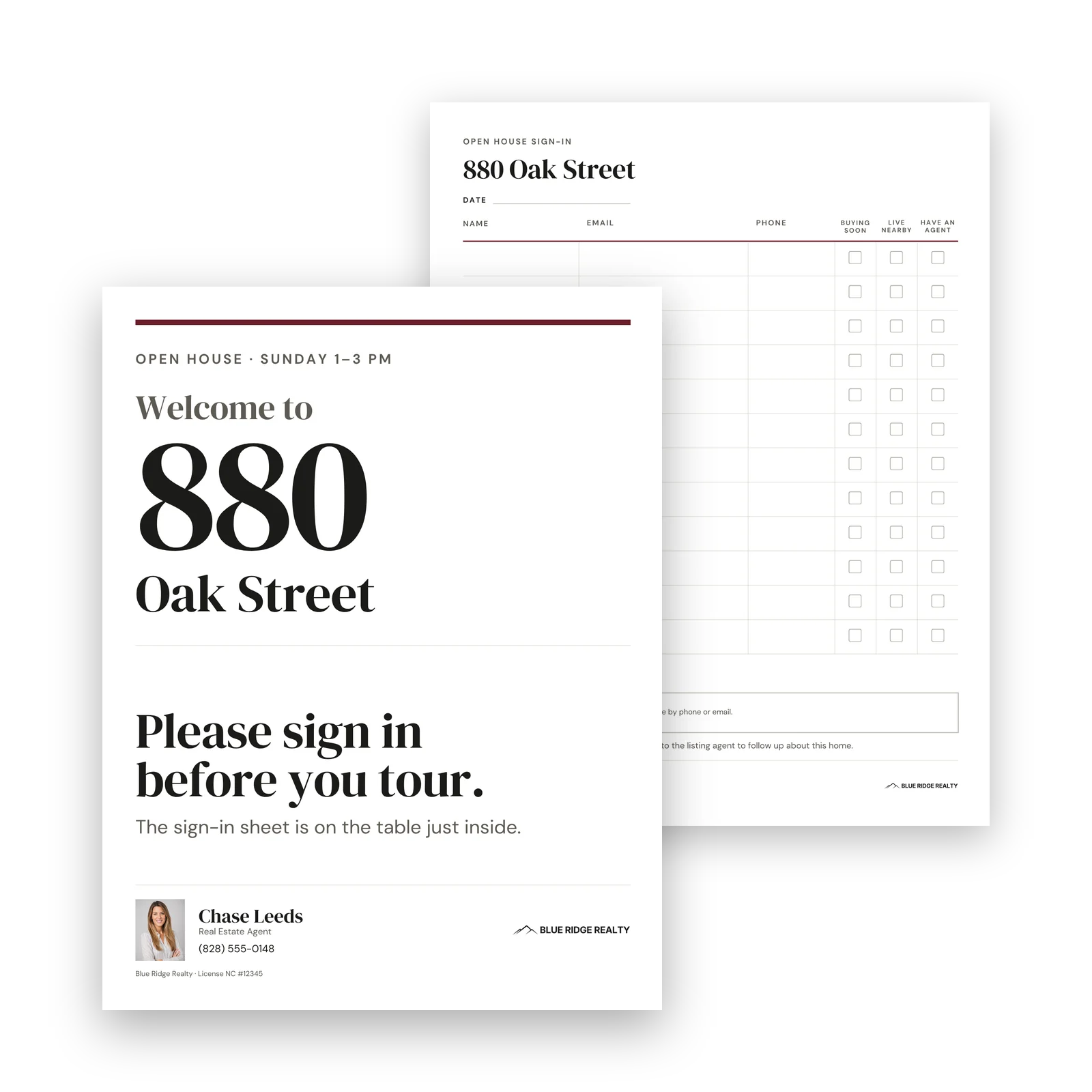 The free Open House Emergency Kit: a welcome sign reading Please sign in before you tour, in front of a twelve-row open house sign-in sheet, both shown with a sample address.