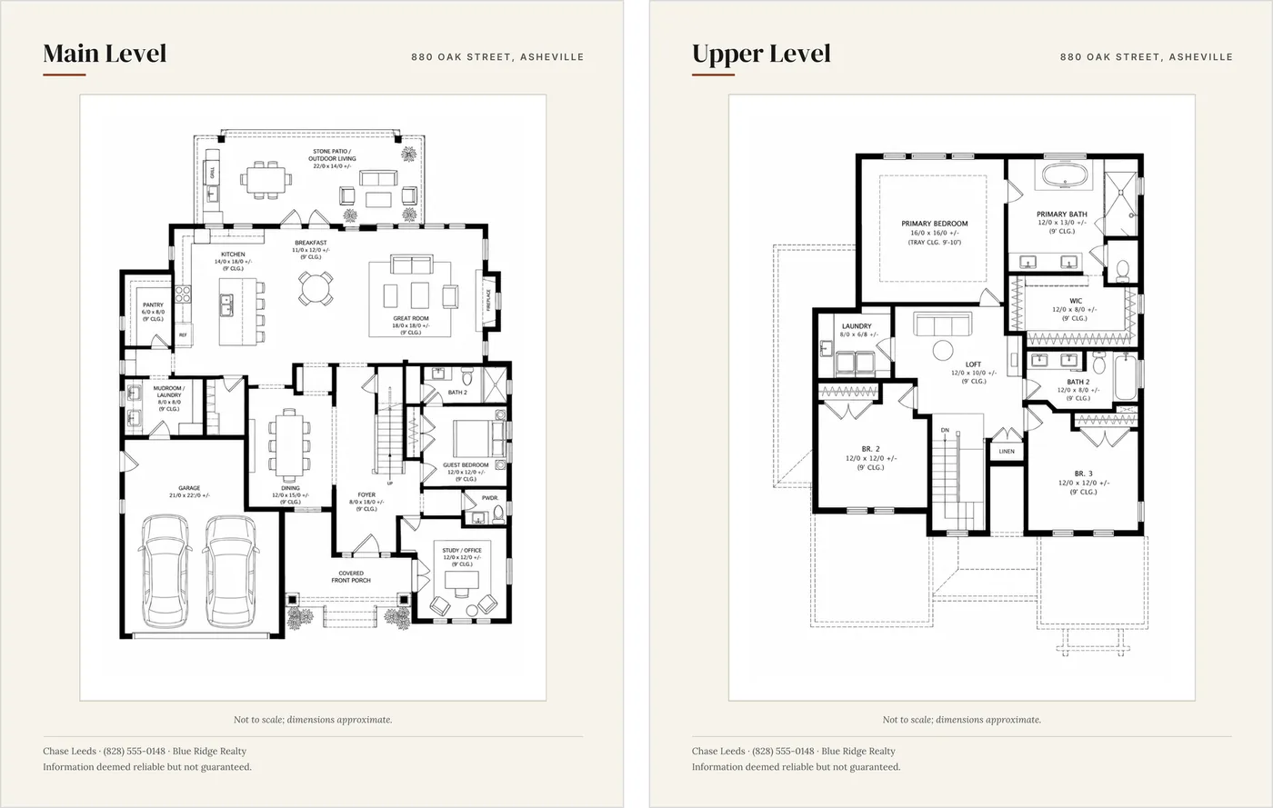 The two floor-plan pages side by side, headed Main Level and Upper Level, each presenting a floor plan with the property address and a note that measurements are approximate.
