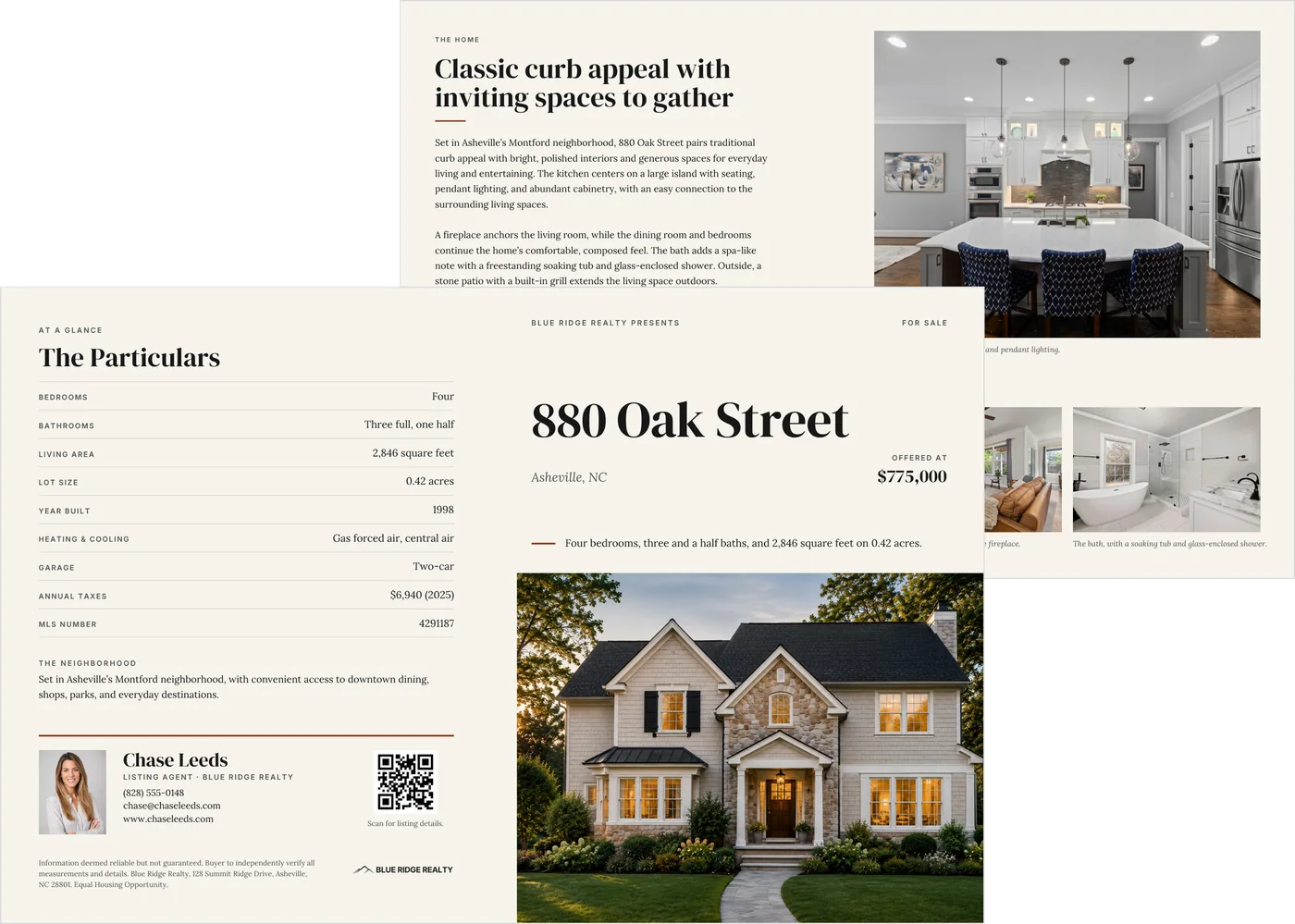 The editorial brochure open: the outside, with the particulars panel and the cover, in front of the inside spread with its headline, description, highlights and photographs.