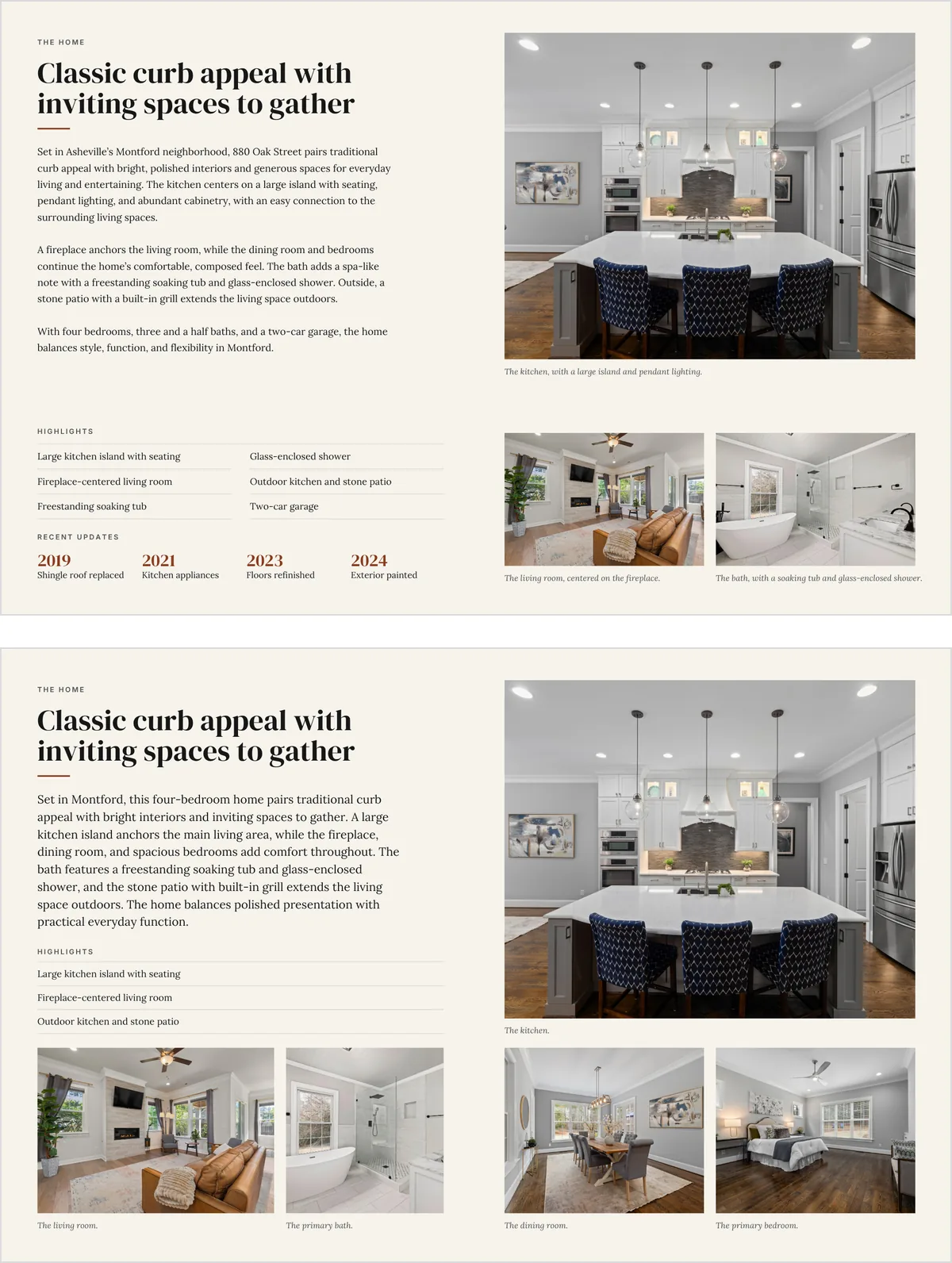 The two inside pages shown one above the other: the Full version with a headline, description, six highlights, a Recent Updates row of four dated items and three photographs; the Short version with a headline, a lead paragraph, three highlights and five photographs.