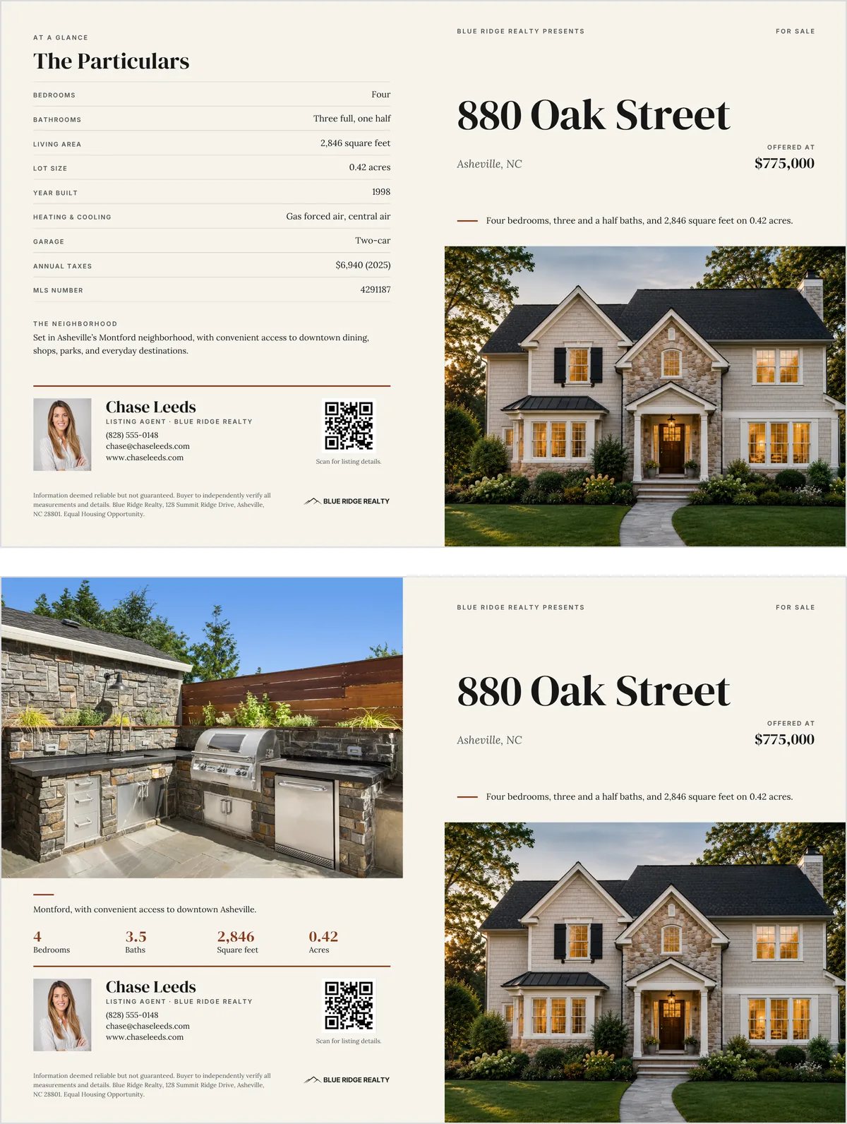 The two outside pages shown one above the other: the first with a Particulars panel listing bedrooms, bathrooms, living area, lot size, year built, heating, garage, taxes and MLS number beside the cover; the second with a photograph, four key figures and the agent block beside the same cover.