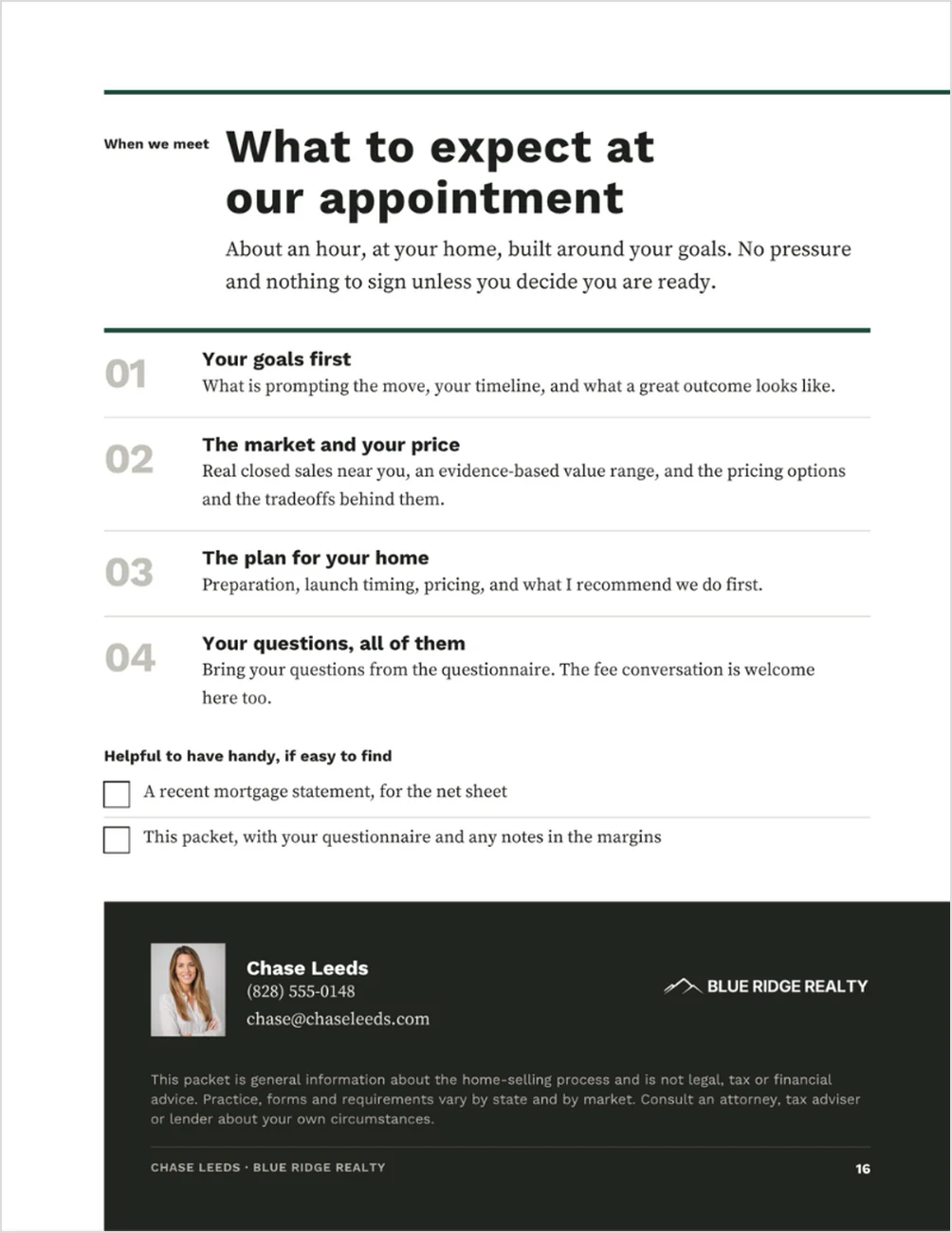 Page sixteen of the Pre-Listing Packet template, headed What to expect at our appointment: about an hour at the seller’s home, then four numbered agenda items (your goals first; the market and your price; the plan for your home; your questions, all of them), and a Helpful to have handy checklist with a recent mortgage statement and this packet with the questionnaire and notes.