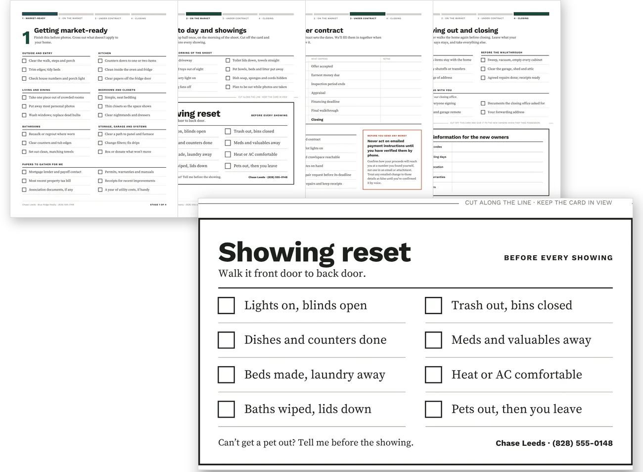 The four Seller Checklists stage pages fanned left to right, from Getting market-ready through Moving out and closing, with the Showing reset card lifted out in front of them: eight checkboxes from lights on and blinds open to pets out, and the agent's name and phone along the bottom.