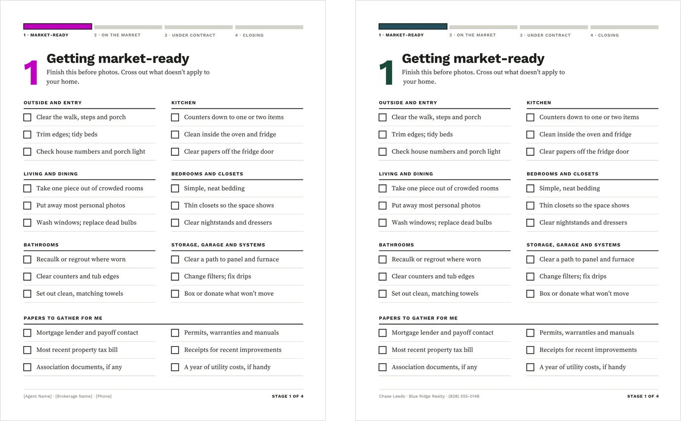Stage one of the Seller Checklists shown twice side by side: on the left as it downloads, with its stage tracker and stage number in the bright magenta setup colour and placeholder contact details, and on the right after the agent's brand colour and details have been set.