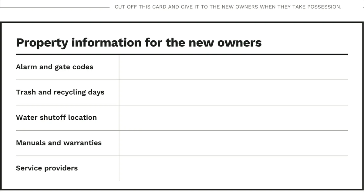 The Property information for the new owners card from the Seller Checklists: five labelled rows for alarm and gate codes, trash and recycling days, water shutoff location, manuals and warranties, and service providers, each with a blank line to write on.